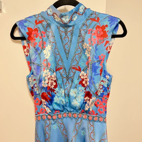 Saloni Blue Fleur Silk Tie-Back Mock Neck Gown - Picture 7 of 8